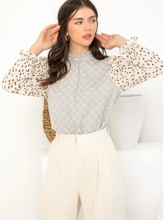 THML Tops - THML Mixed Print Ruffle Sleeve Top | Daisy Floral Knit | Leopard Chiffon Sleeves